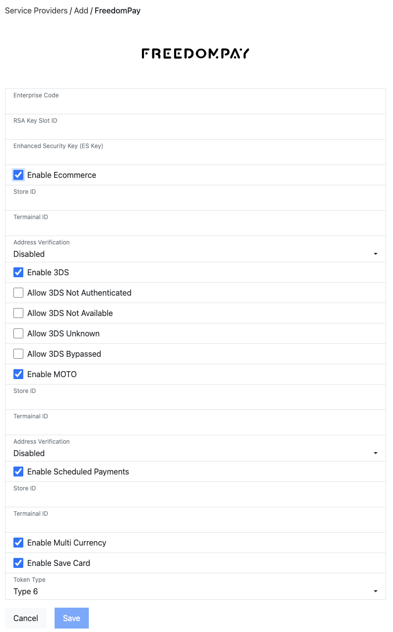 FreedomPay gateway settings in the platform, expanded view