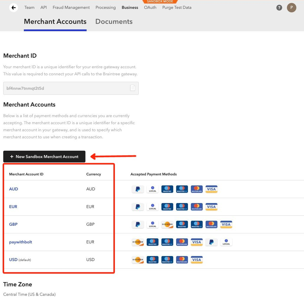 Braintree Merchant Accounts screen with the New Merchant Account button highlighted