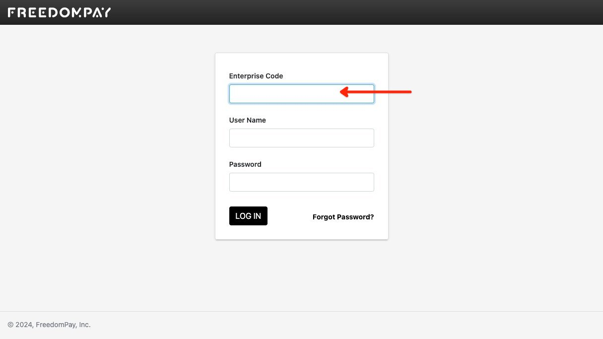 FreedomPay Enterprise login screen showing the Enterprise Code field