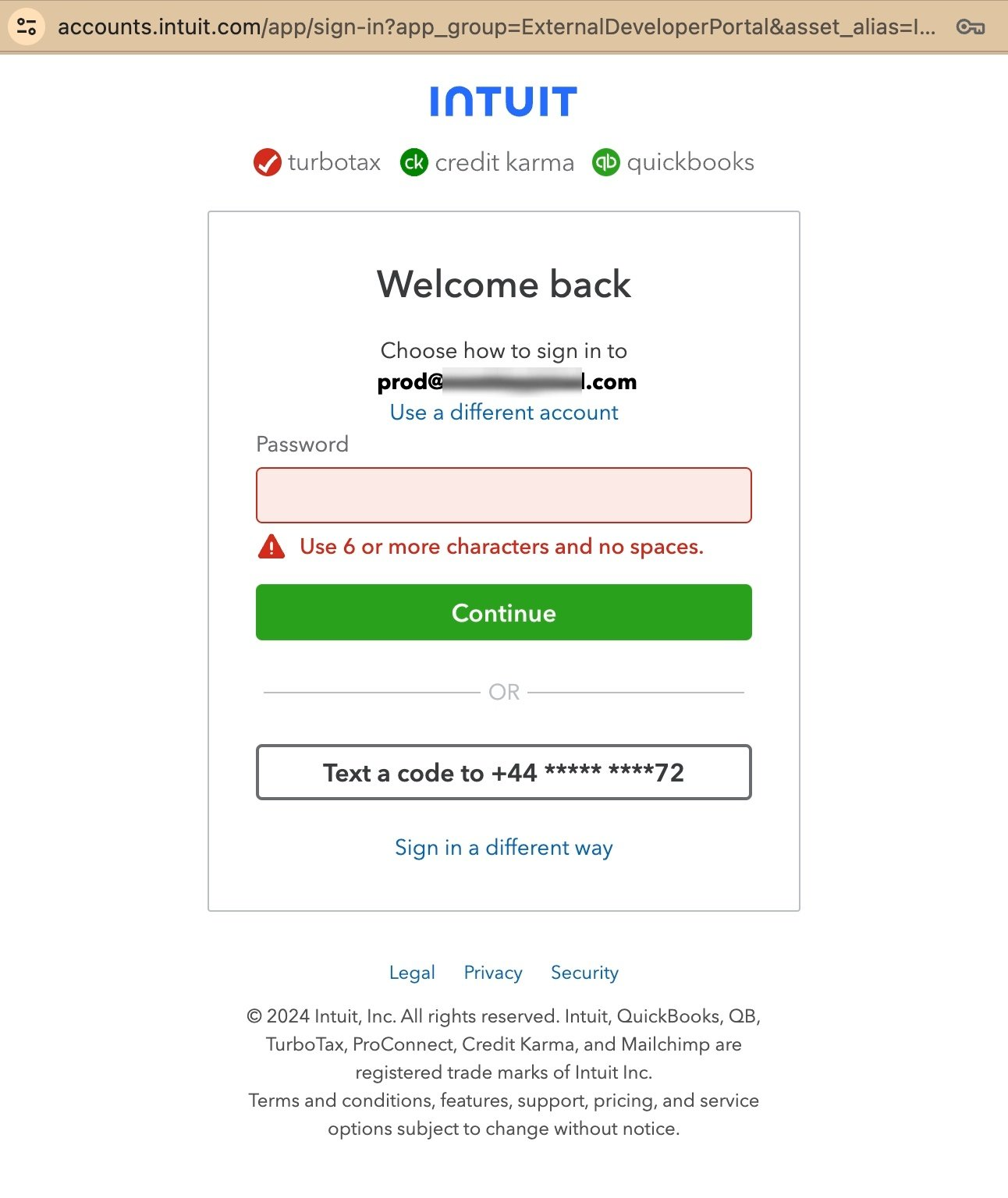 Intuit login screen
