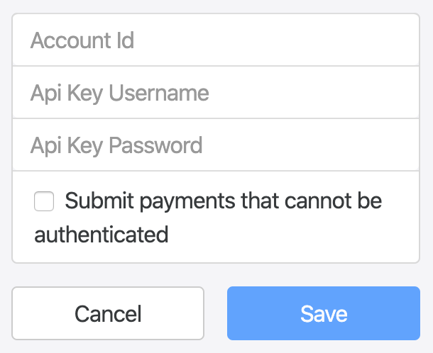Gateway setup form for Paysafe