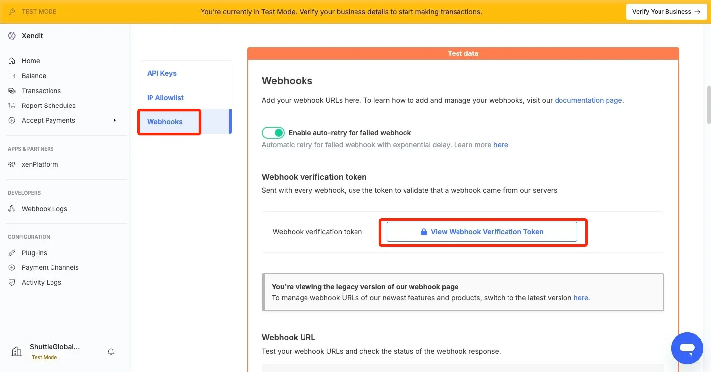 Xendit Webhooks settings page with the Webhook Verification Token