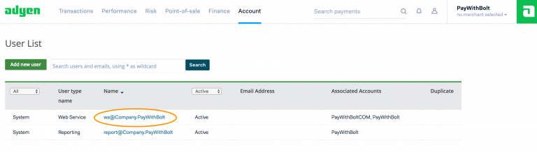 Adyen User List showing the Web Service user