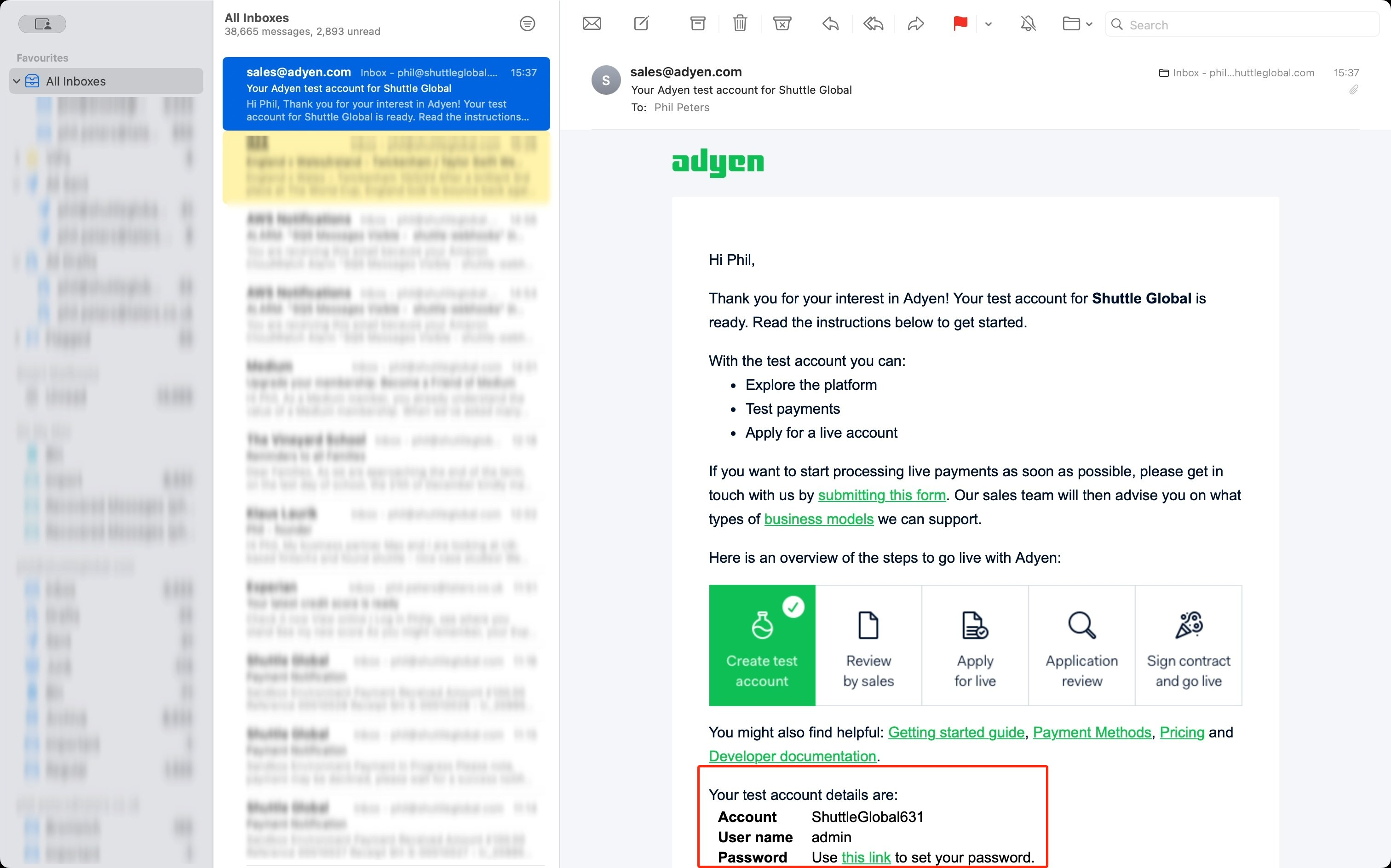 Activation email from sales@adyen.com confirming the test account is ready