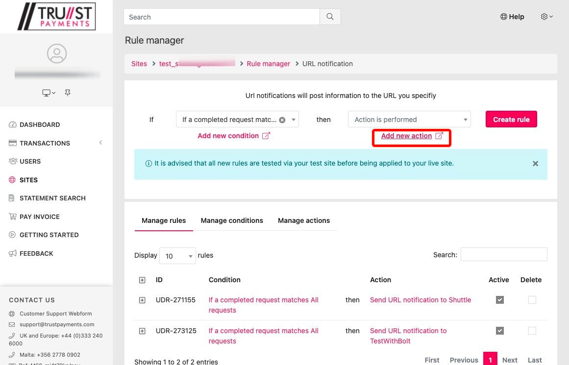 Trust Payments dashboard - Rule manager with the Add new action button