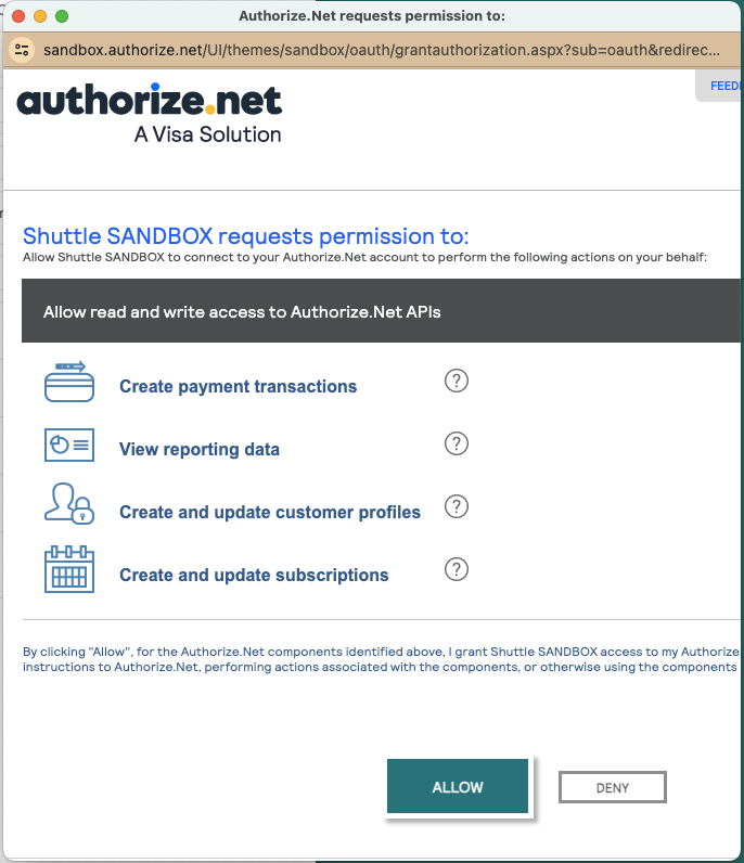 Authorize.Net OAuth Allow screen