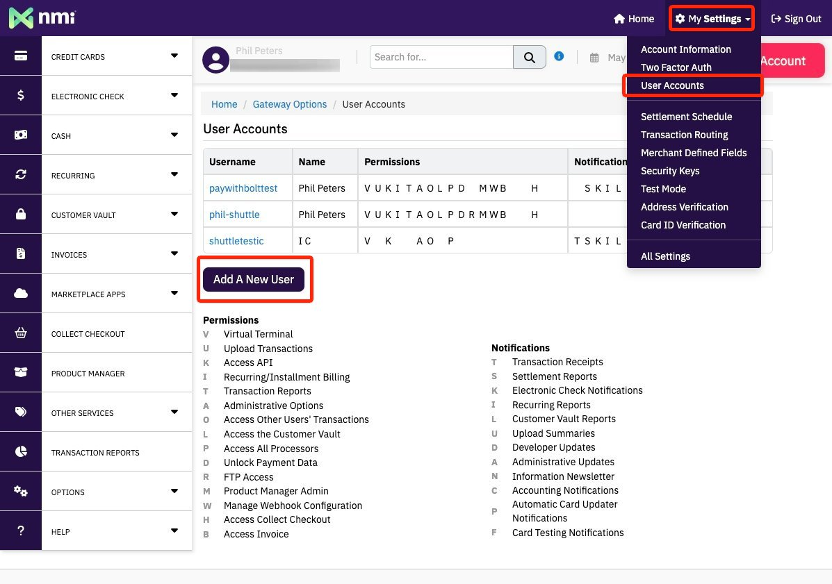 NMI User Accounts list with Add A New User highlighted