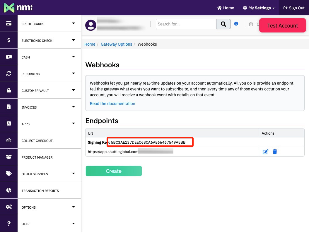 NMI Webhooks page showing the Signing Key revealed