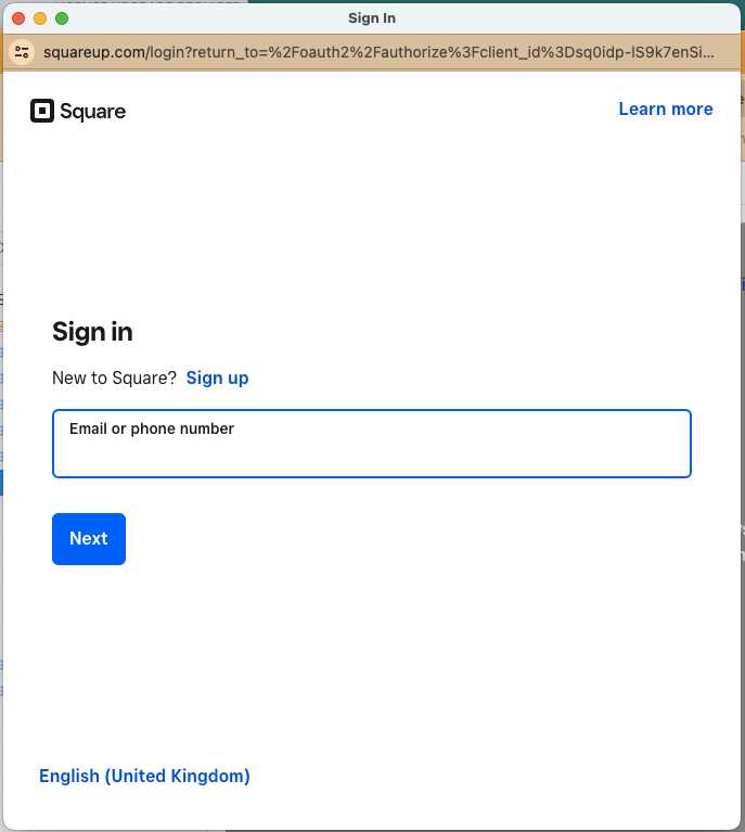 Square sign-in screen