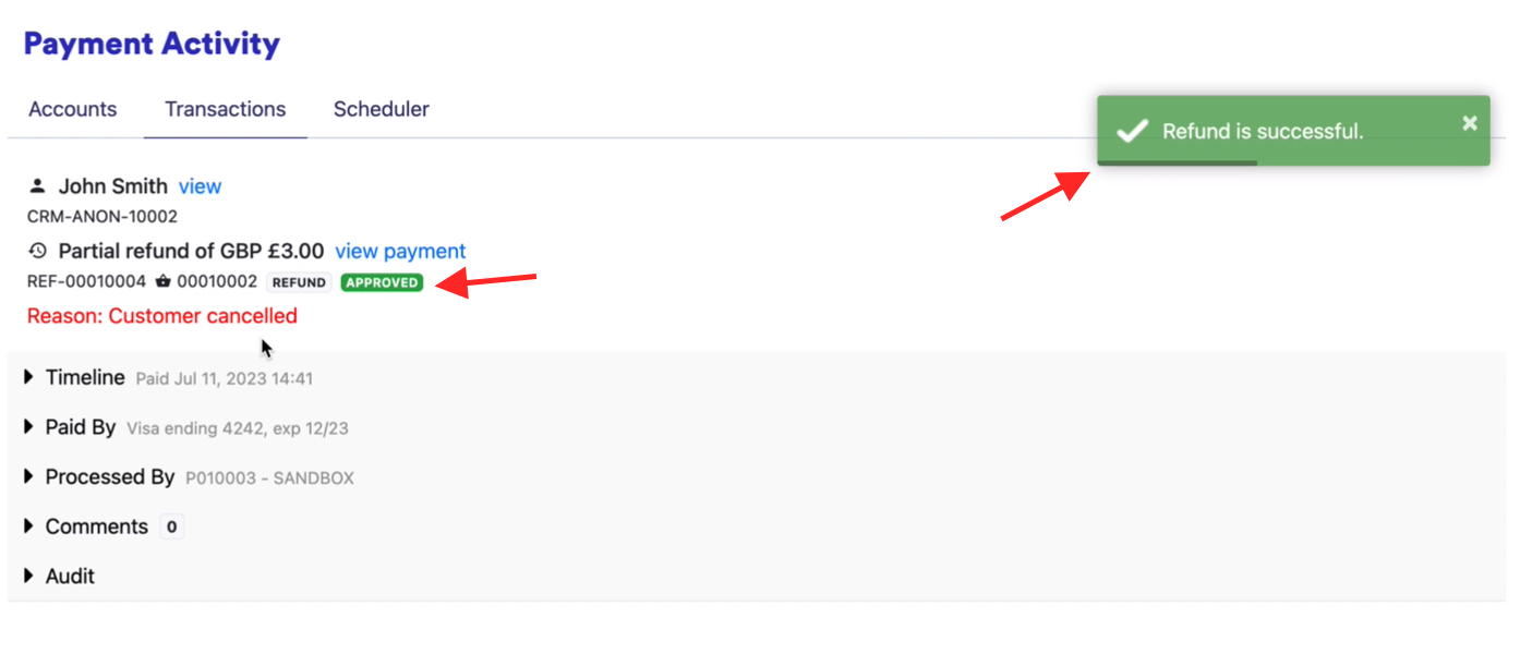 A successful partial refund, with the amount, the reason and an Approved status