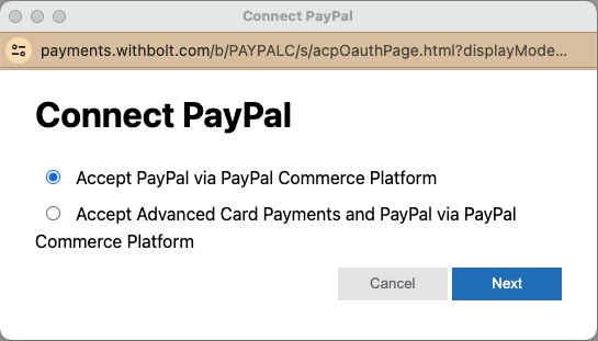 Choose which PayPal product to connect