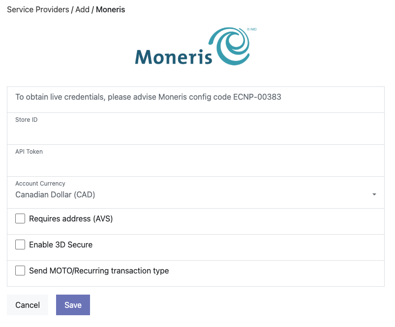 Moneris Add Connection form