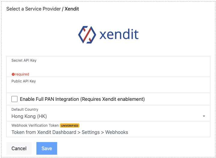 Xendit connection form