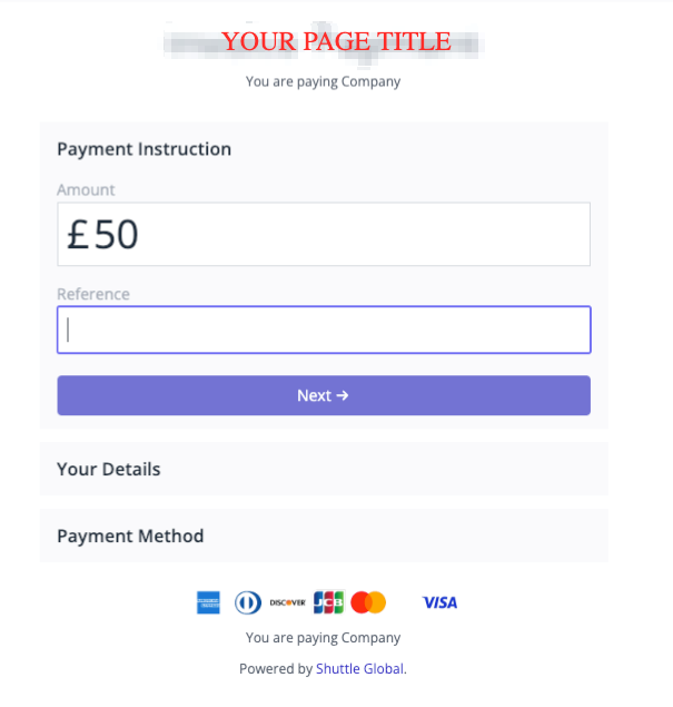 A payment page with the page title, Amount and Reference fields