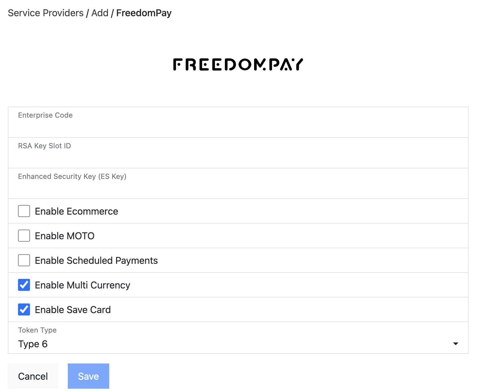 FreedomPay gateway settings in the platform, basic view