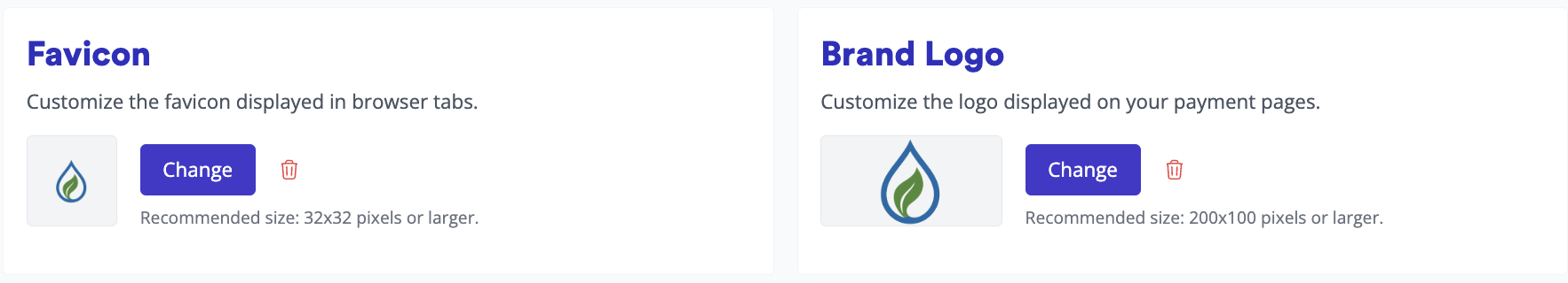 The Favicon and Brand Logo sections