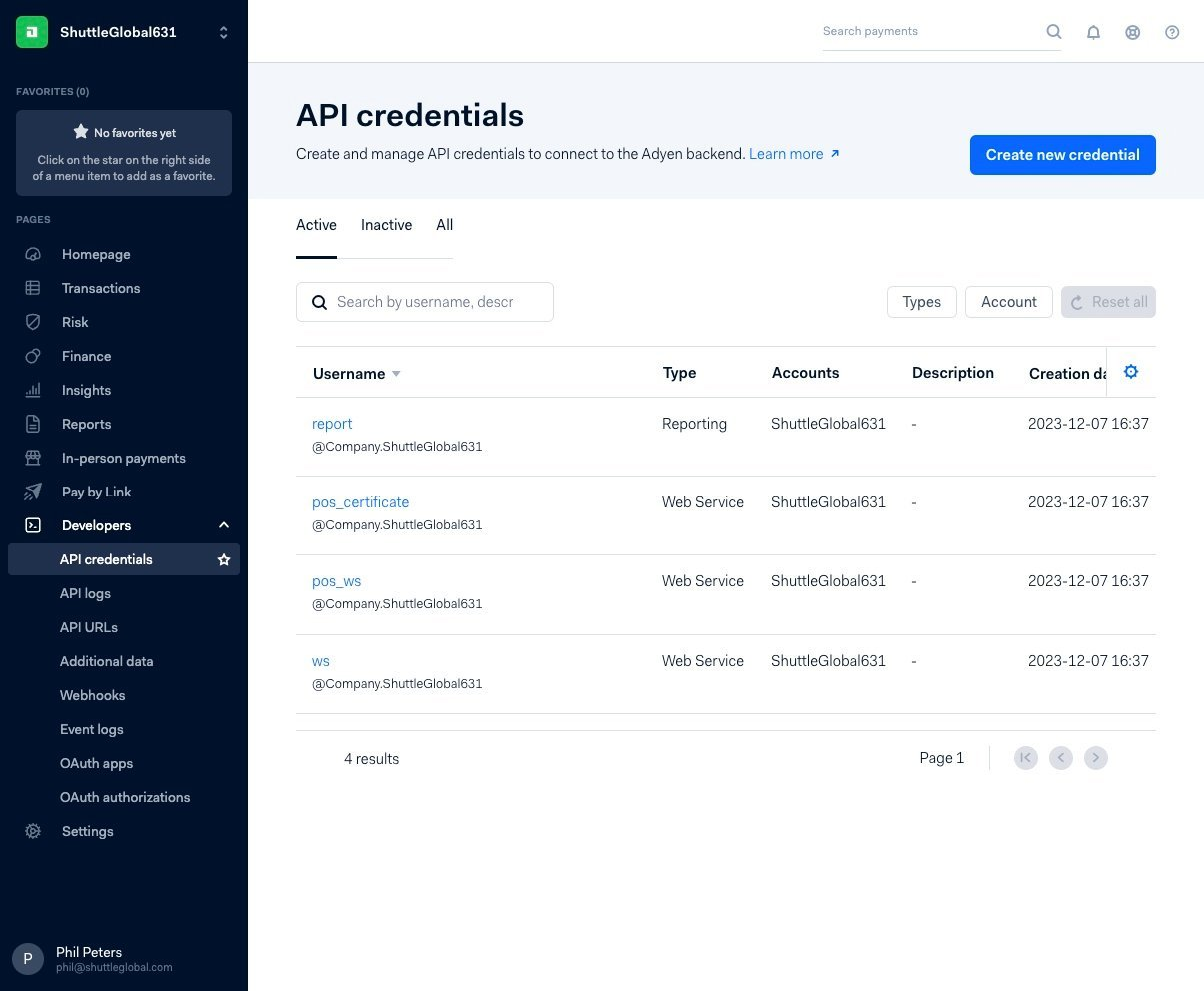 API Credentials list showing the report, pos_certificate, pos_ws, and ws users