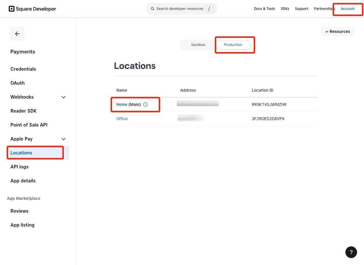 Square Developer portal Locations page