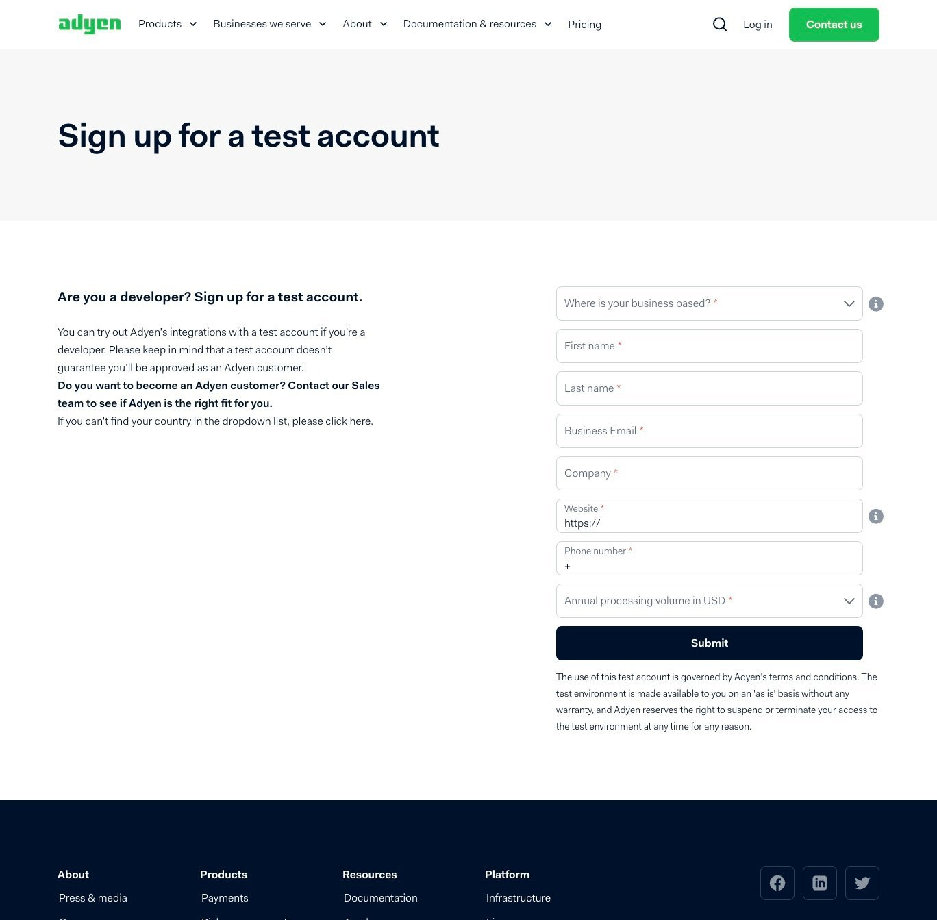 Adyen sign-up form for a test account
