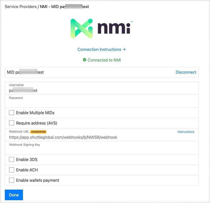 Connected to NMI with webhook unverified