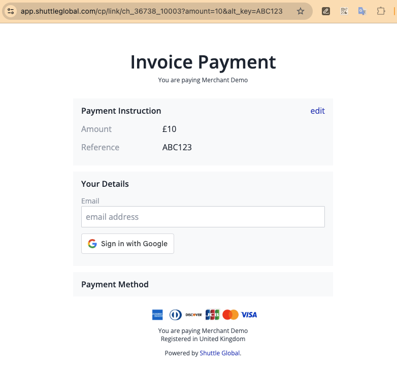 A payment page opened with the amount and reference filled in, showing the Payment Instruction with an edit link above Your Details