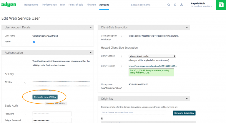 Edit Web Service User screen with the Generate New API Key button