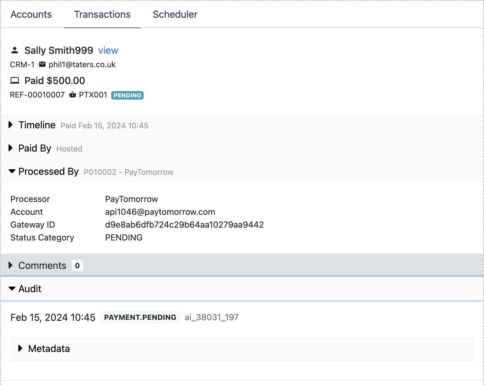 Pending payment in the platform