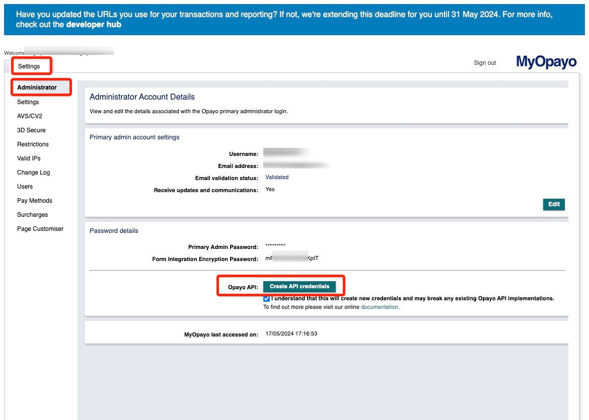 MyOpayo Administrator account details with Create API credentials highlighted
