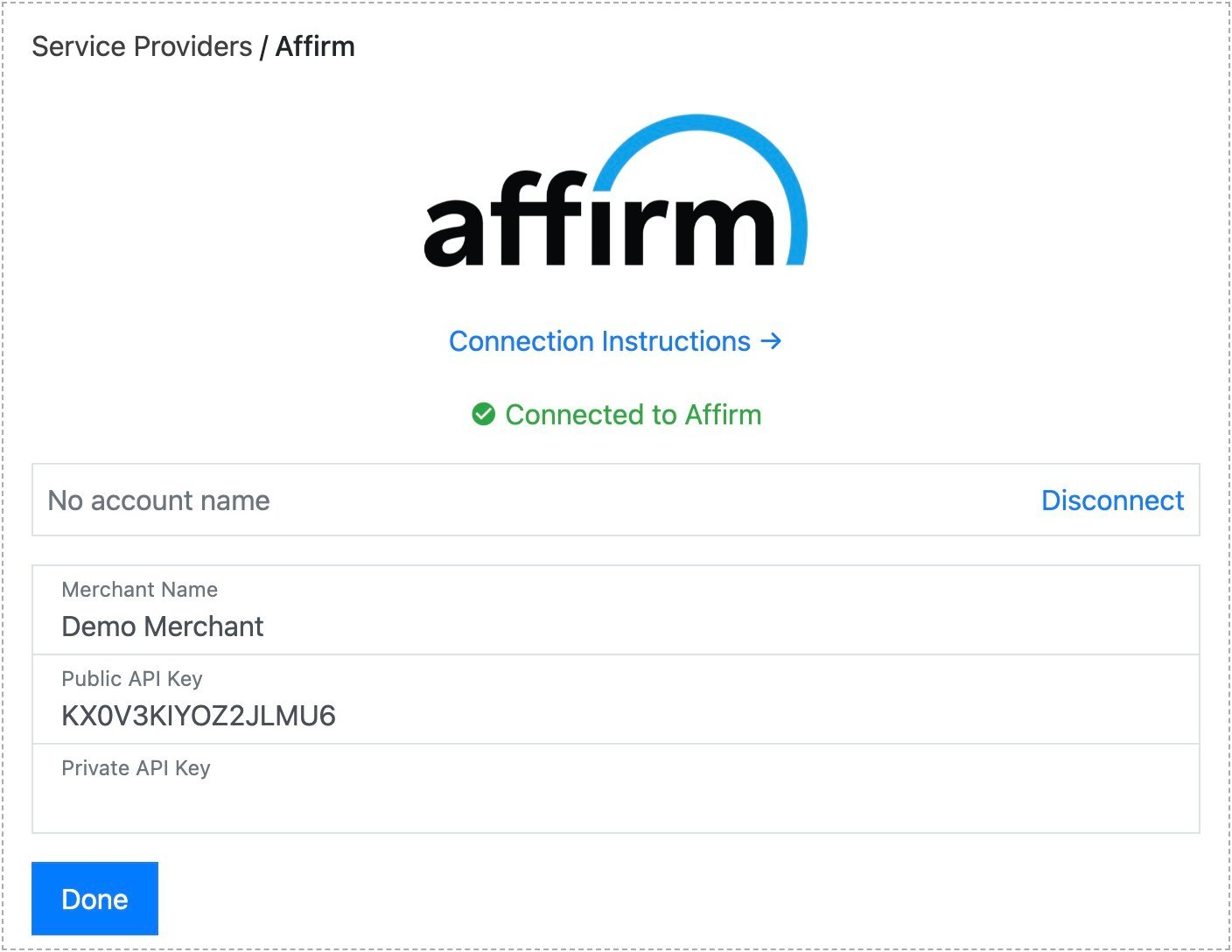 Affirm dialog showing a green Connected to Affirm status with populated fields