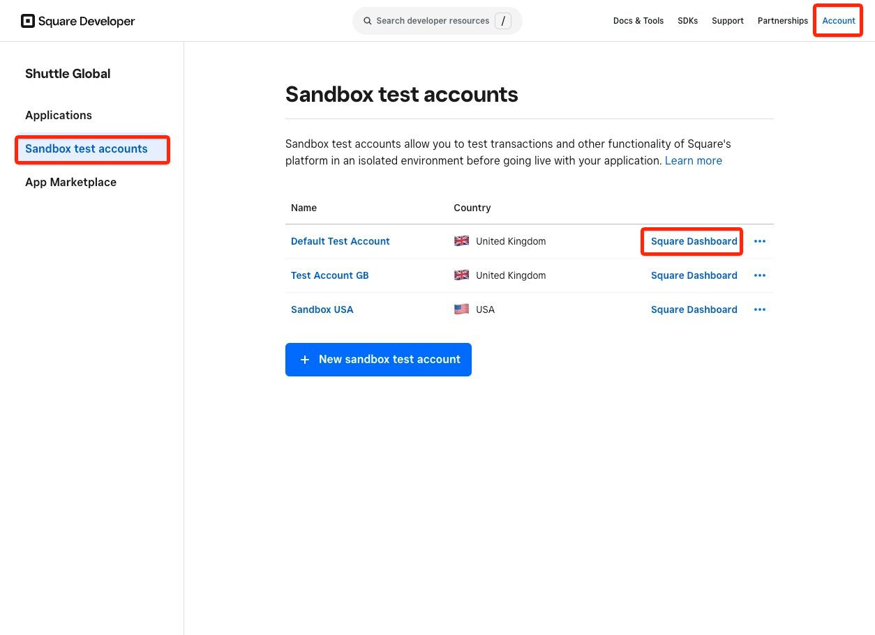 Square Developer portal Sandbox test accounts page