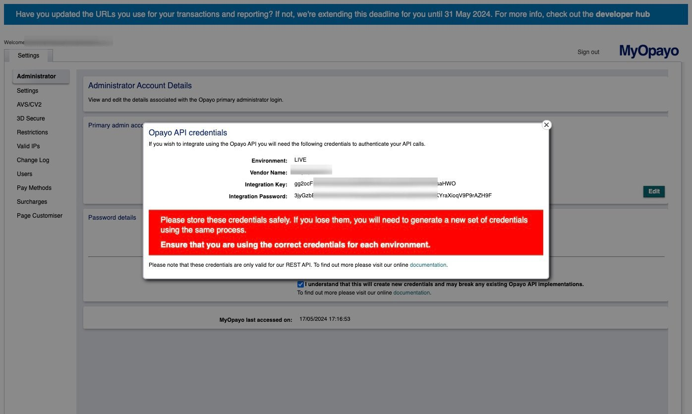 Opayo API credentials modal showing Vendor Name, Integration Key, and Integration Password