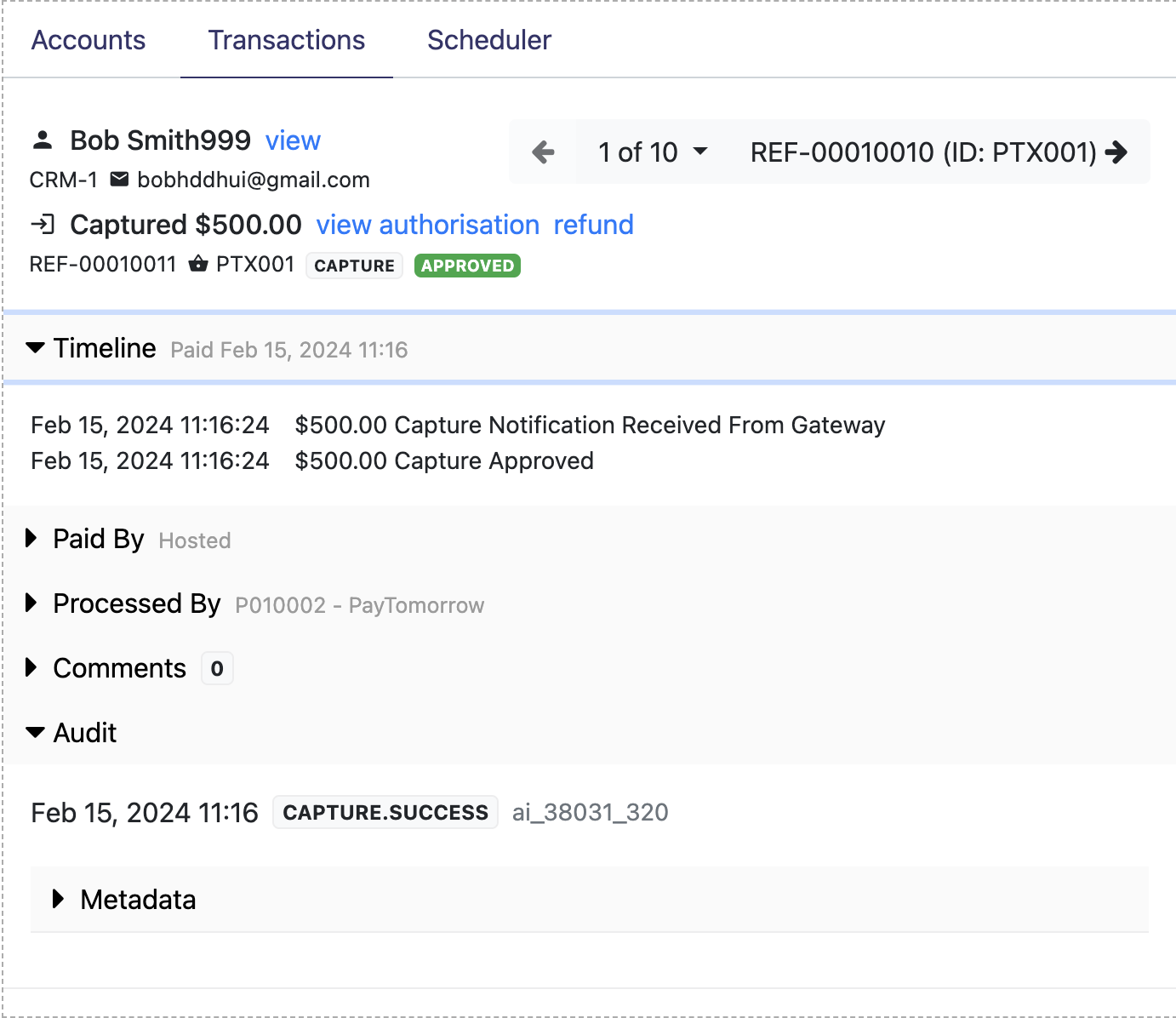 Capture transaction in the platform