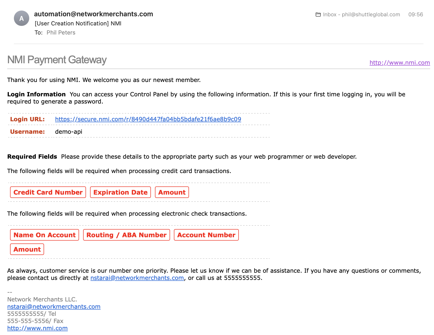 NMI user creation notification email