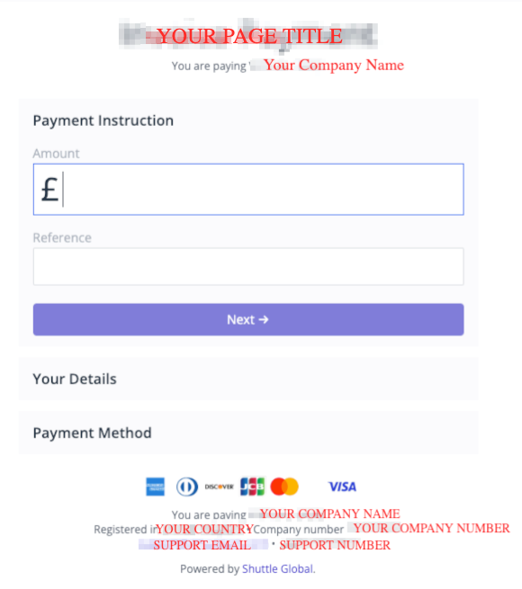 A payment page with the company name, country, registration number and support details in the footer