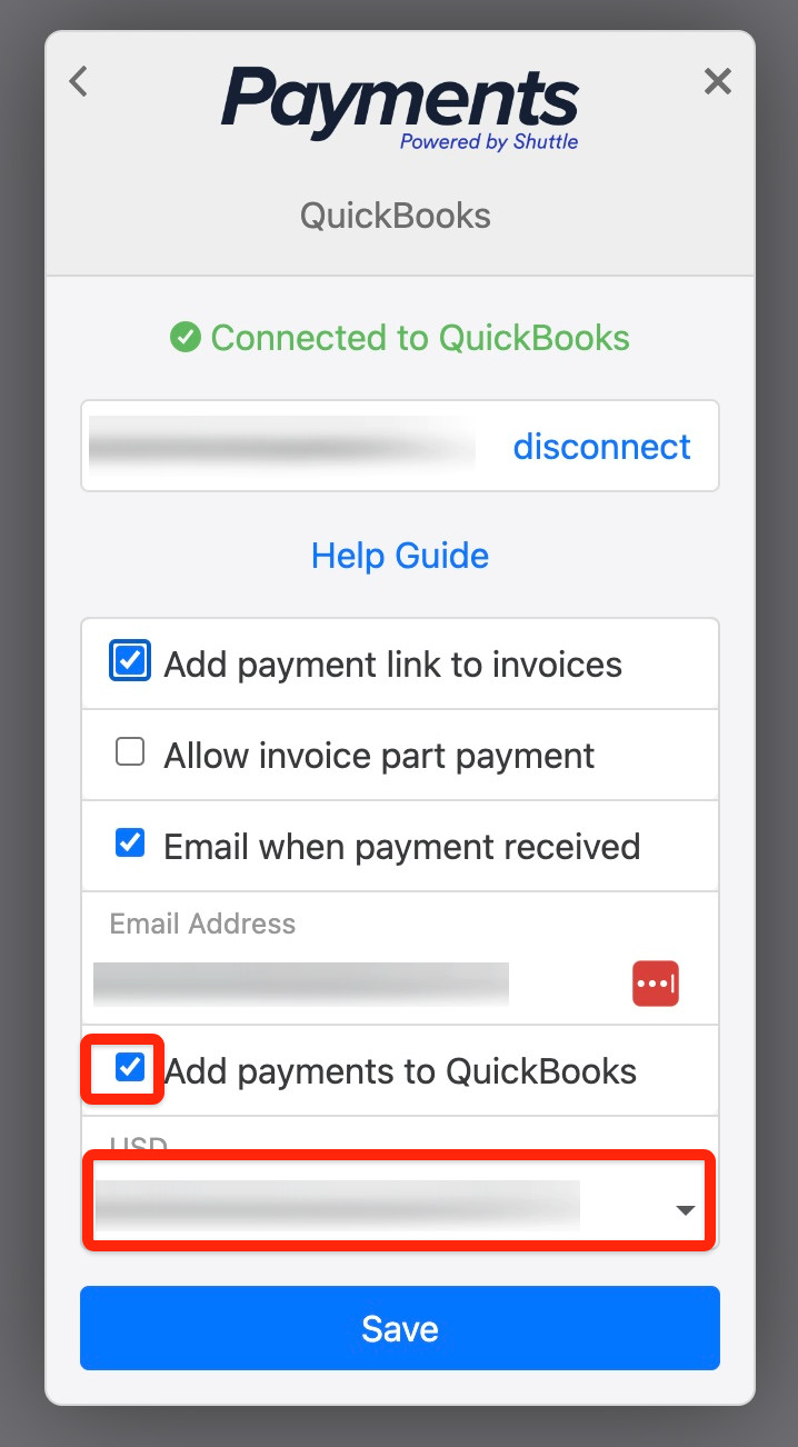 The QuickBooks settings with Add payments to QuickBooks ticked and the account to record against
