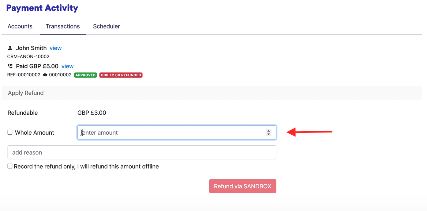 The refund form, with the refundable amount, Whole Amount, the amount, the reason and the record-only option