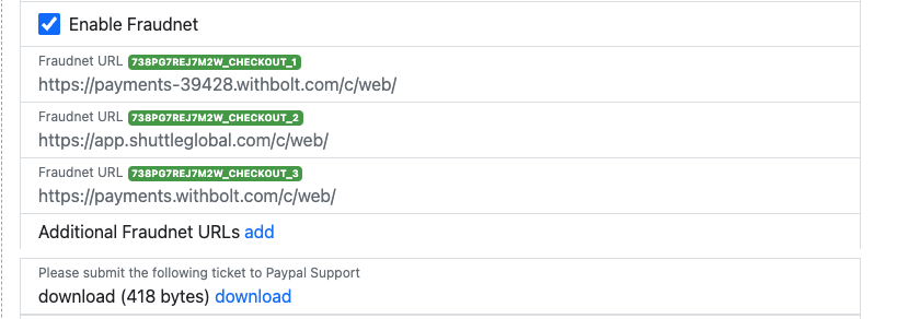 Fraudnet configuration panel with URLs and download button