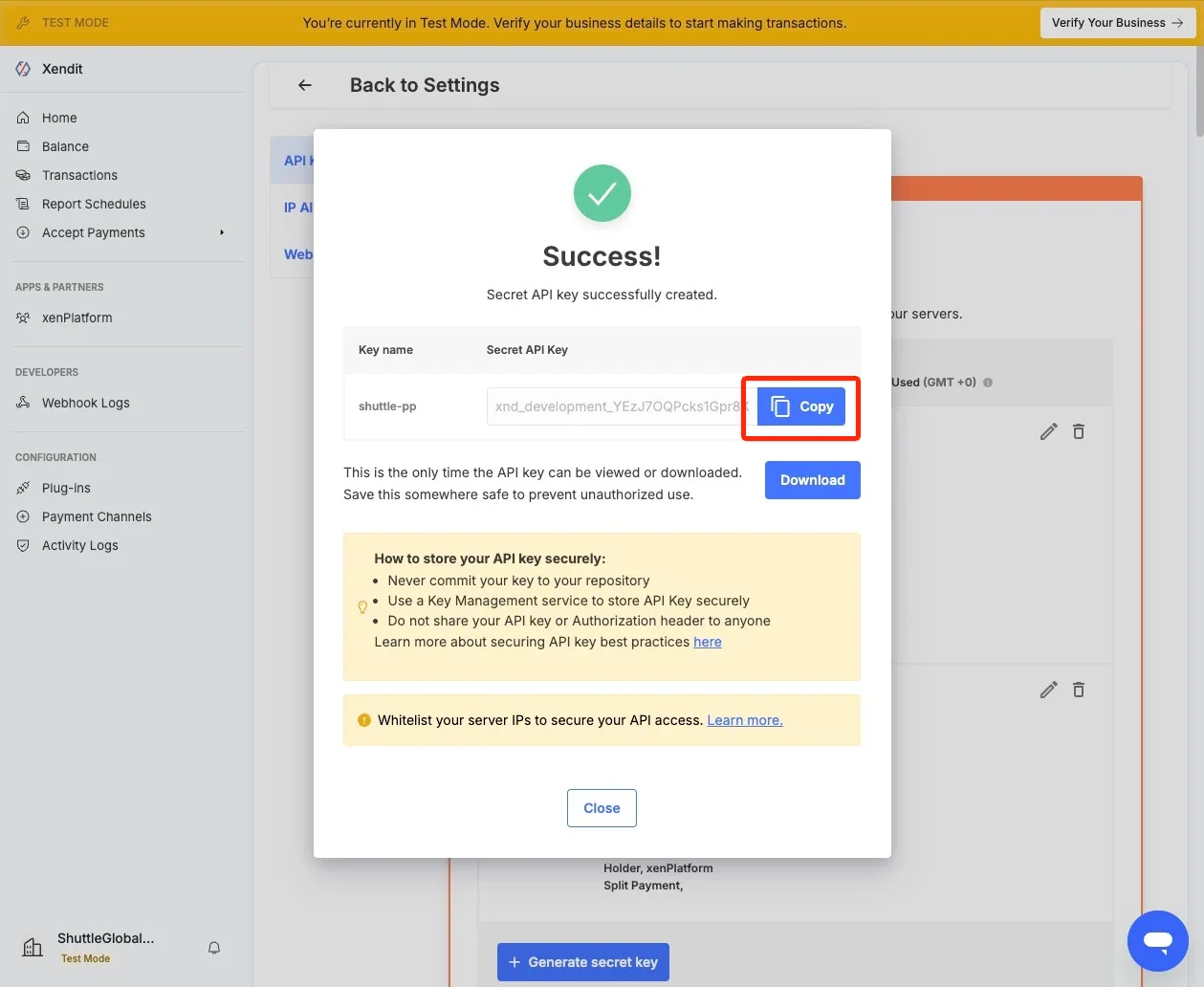 Secret API key successfully created