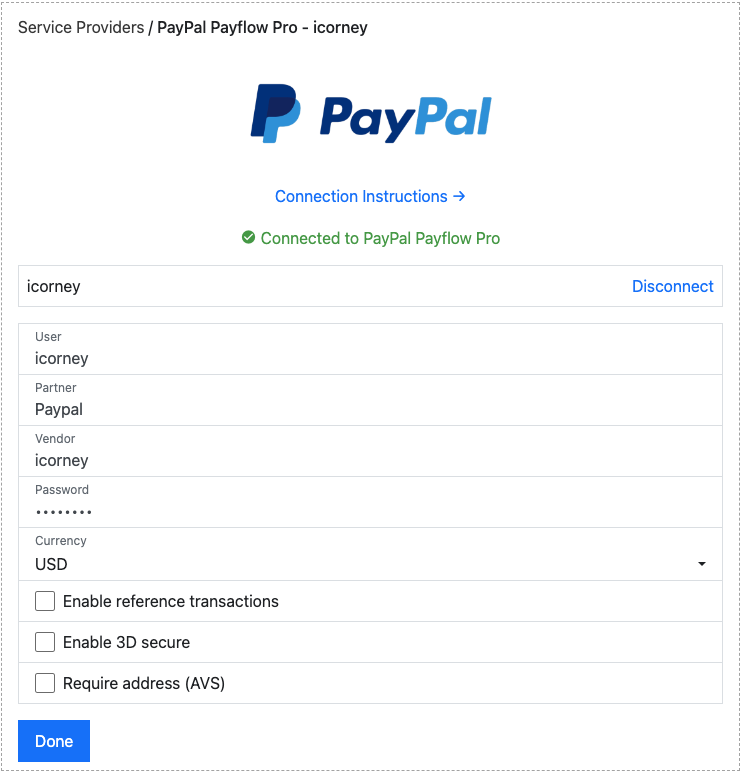 Connected to PayPal Payflow Pro confirmation
