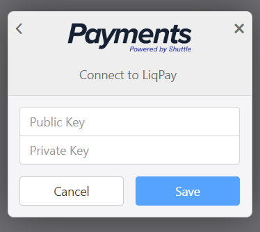 Connect to LiqPay dialog with Public Key and Private Key fields