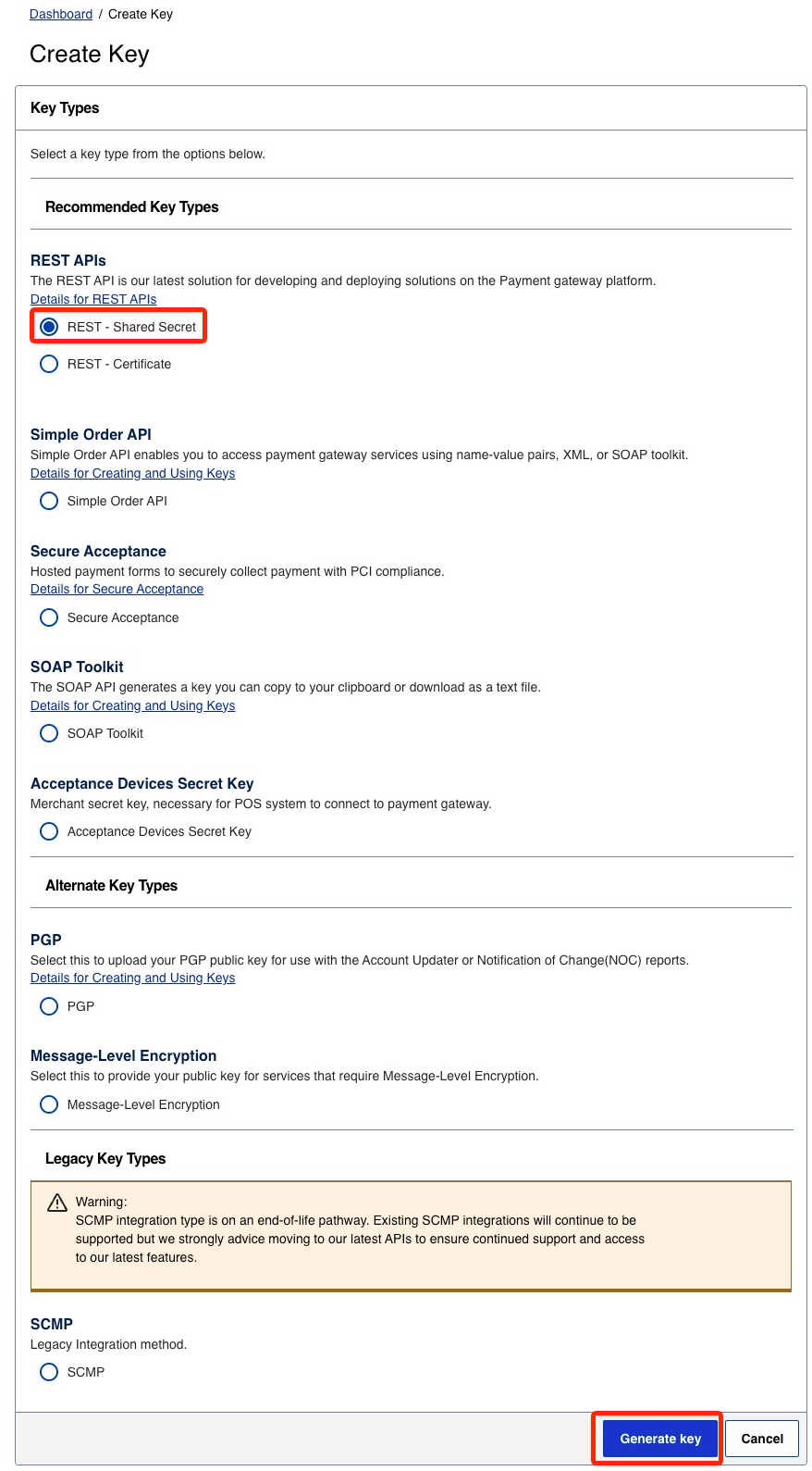 Create Key screen with REST - Shared Secret and Generate key highlighted