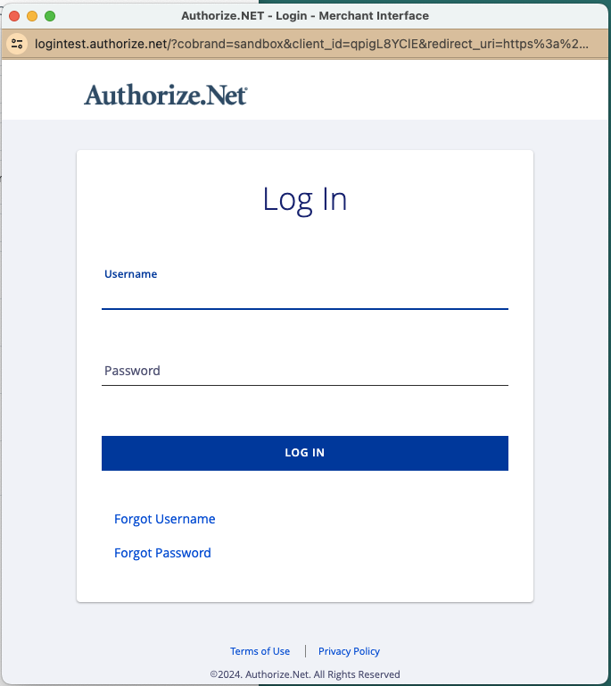 Authorize.Net login screen