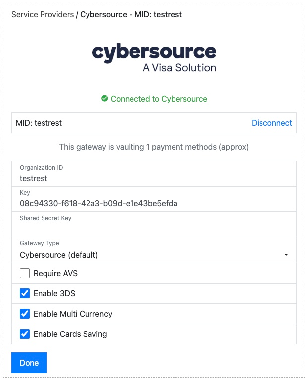 Connected to Cybersource confirmation message with MID and Key ID