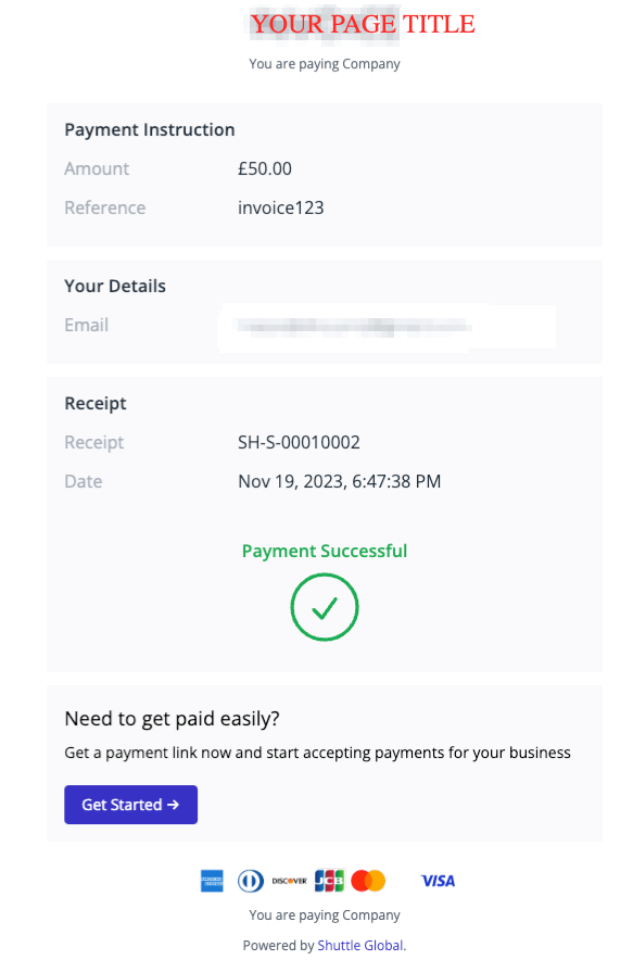 The payment page showing Payment Successful, with the receipt number and date