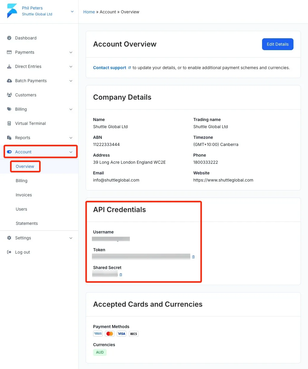 Fat Zebra console Account Overview showing the credentials