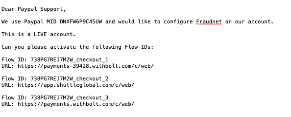 Sample Fraudnet support email template for PayPal
