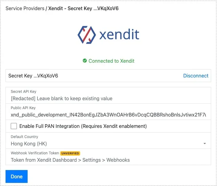 Connected to Xendit confirmation screen