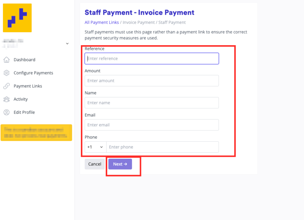The Staff Payment form with Reference, Amount, Name, Email and Phone