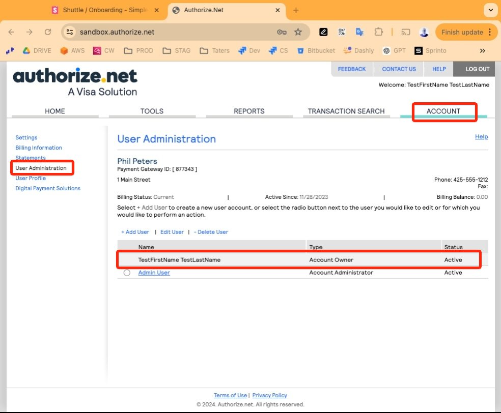 Authorize.Net User Administration showing the Account Owner