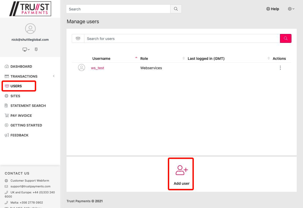 Trust Payments dashboard - Users screen with the Add user button